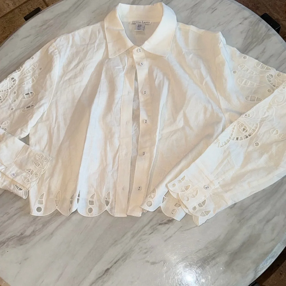 Christian Lacroix Womens White Linen Blend Eyelet Summer Button-Down Shirt EUC M - Picture 2 of 5